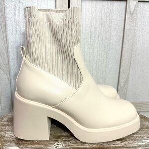 Top Moda Knit Faux Leather Ankle Boots Cream Knit Block Heel Size 10 NWOB NEW